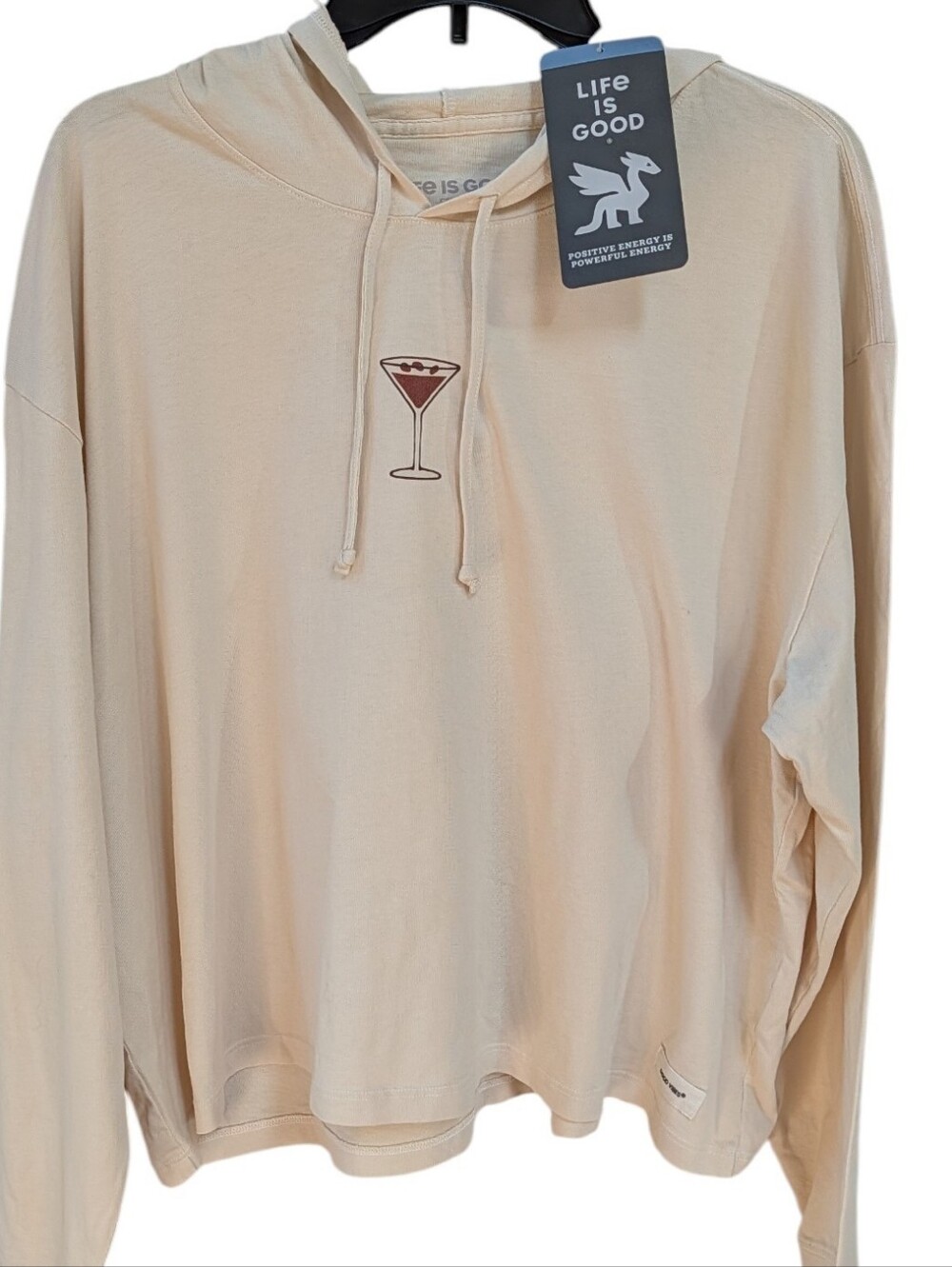 Life Is Good, Espresso Martini Print Cream Color Lightweight Boxy Hoodie. XL